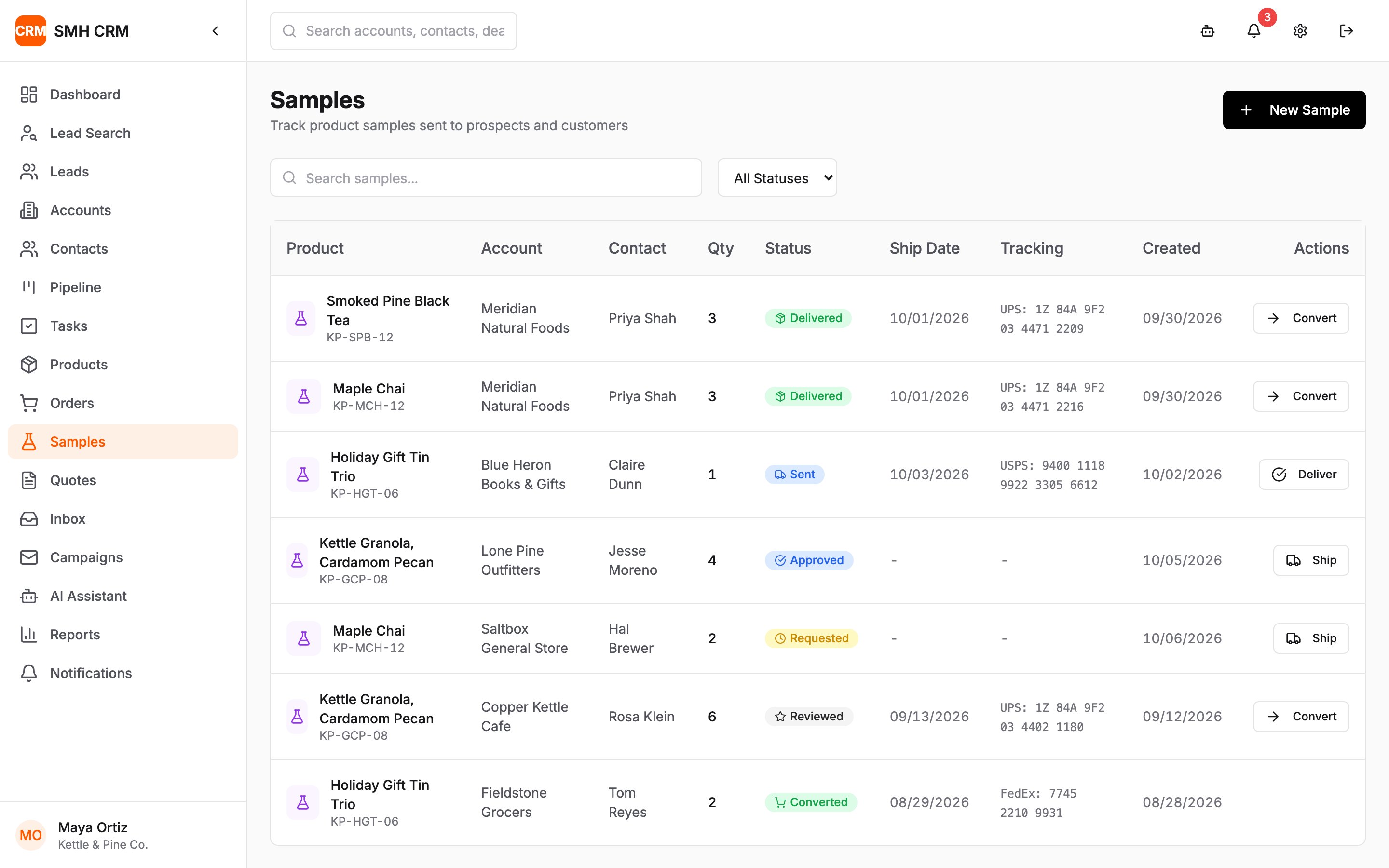 Samples list with product, account, tracking number and status from requested to converted