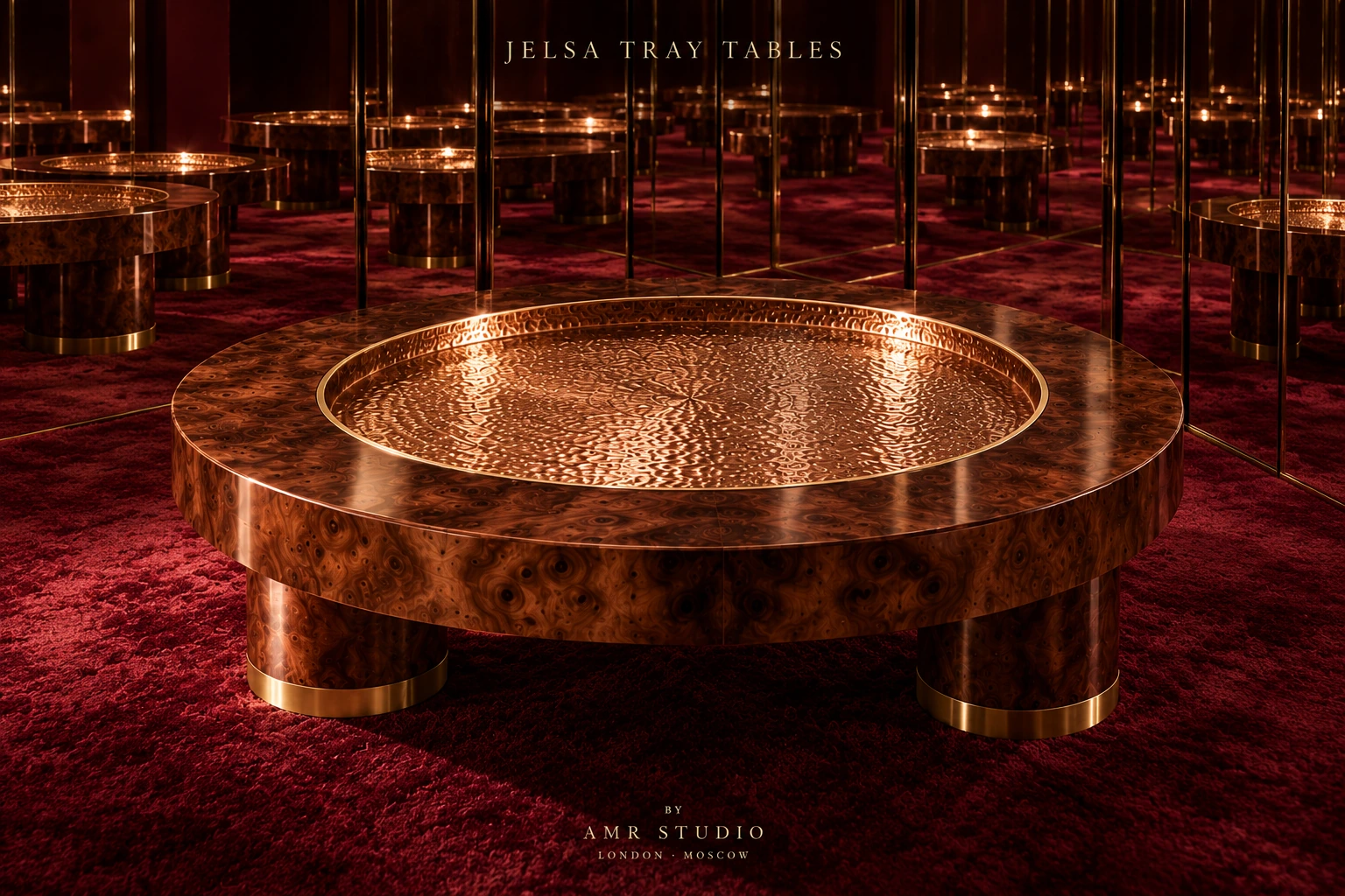 The JELSA tray table by AMR STUDIO, with figured wood and hammered brass in a mirrored burgundy setting