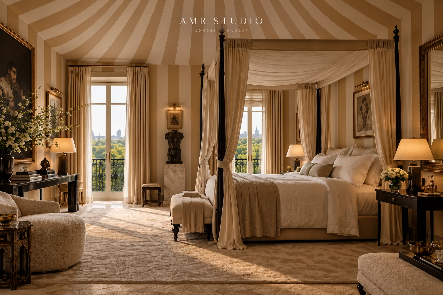 London bedroom with a striped canopy, tall windows and layered textiles — AMR STUDIO
