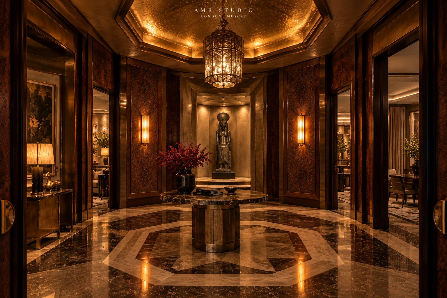Art of Arrival: an amber-lit entrance hall with patterned stone flooring and a central sculpture — AMR STUDIO
