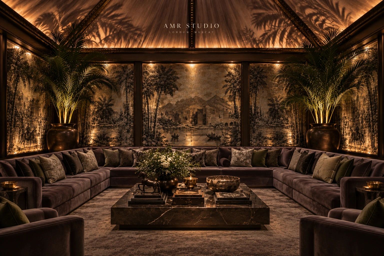 AMR STUDIO mood-lit lounge with mural, layered upholstery and shadow play