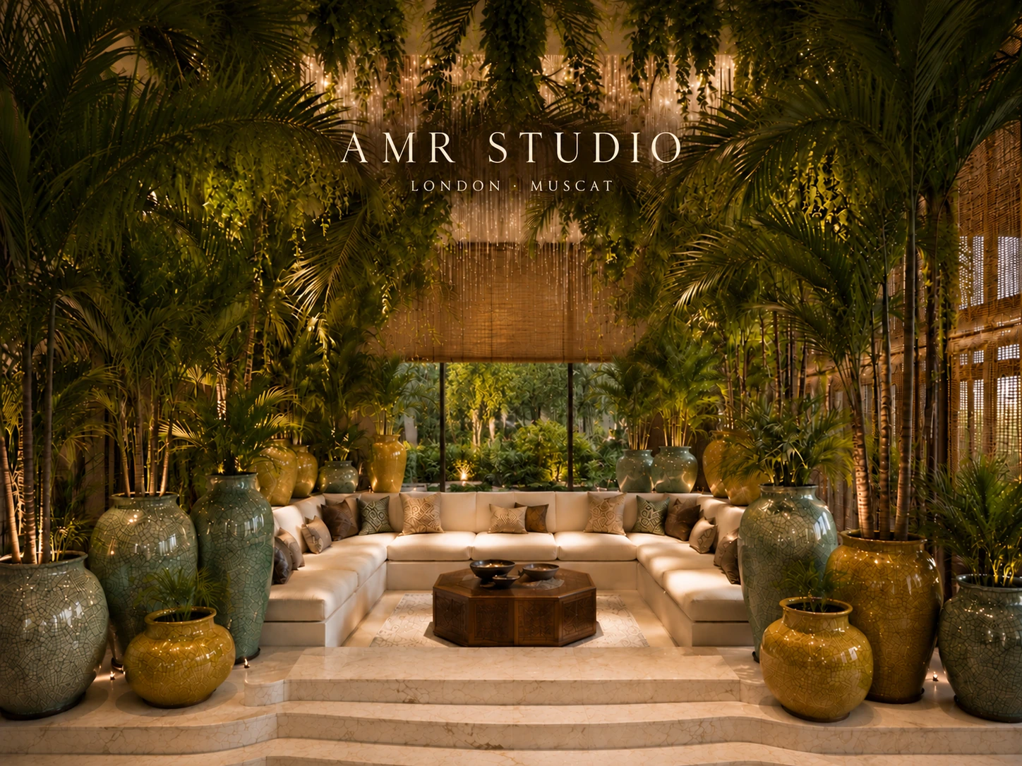 AMR STUDIO palm-filled private salon with sculptural pottery