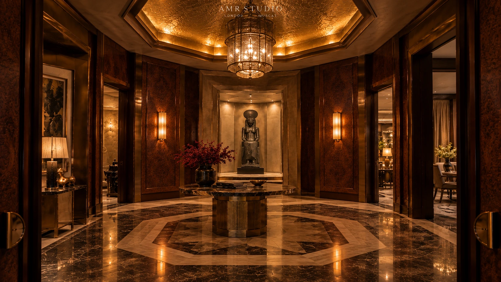 Symmetrical amber-lit grand interior foyer with patterned stone floor and central sculpture — AMR STUDIO