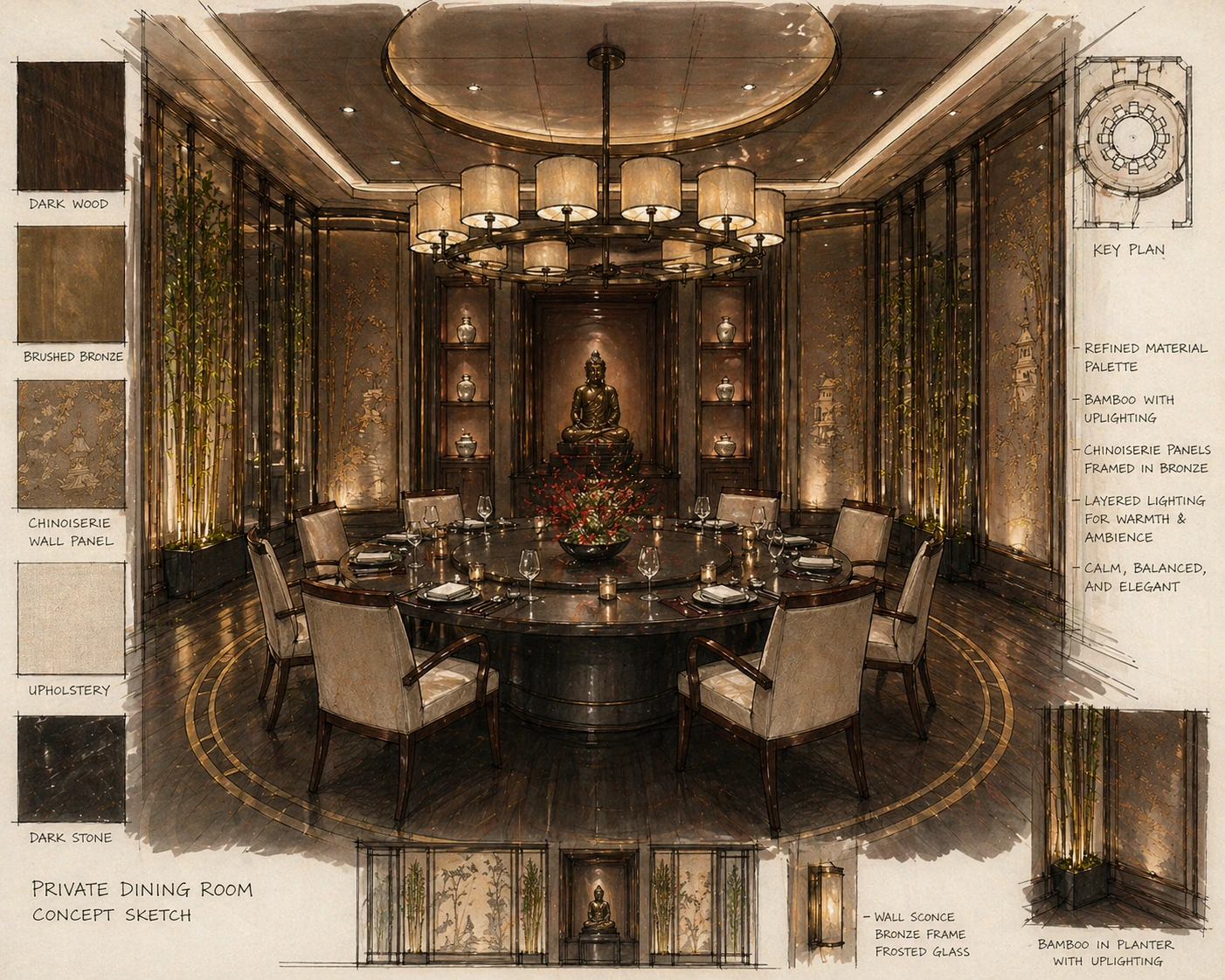 China Mood at Al Bustan, Oman: private dining concept with a round table, lanterns and bronze finishes — AMR STUDIO