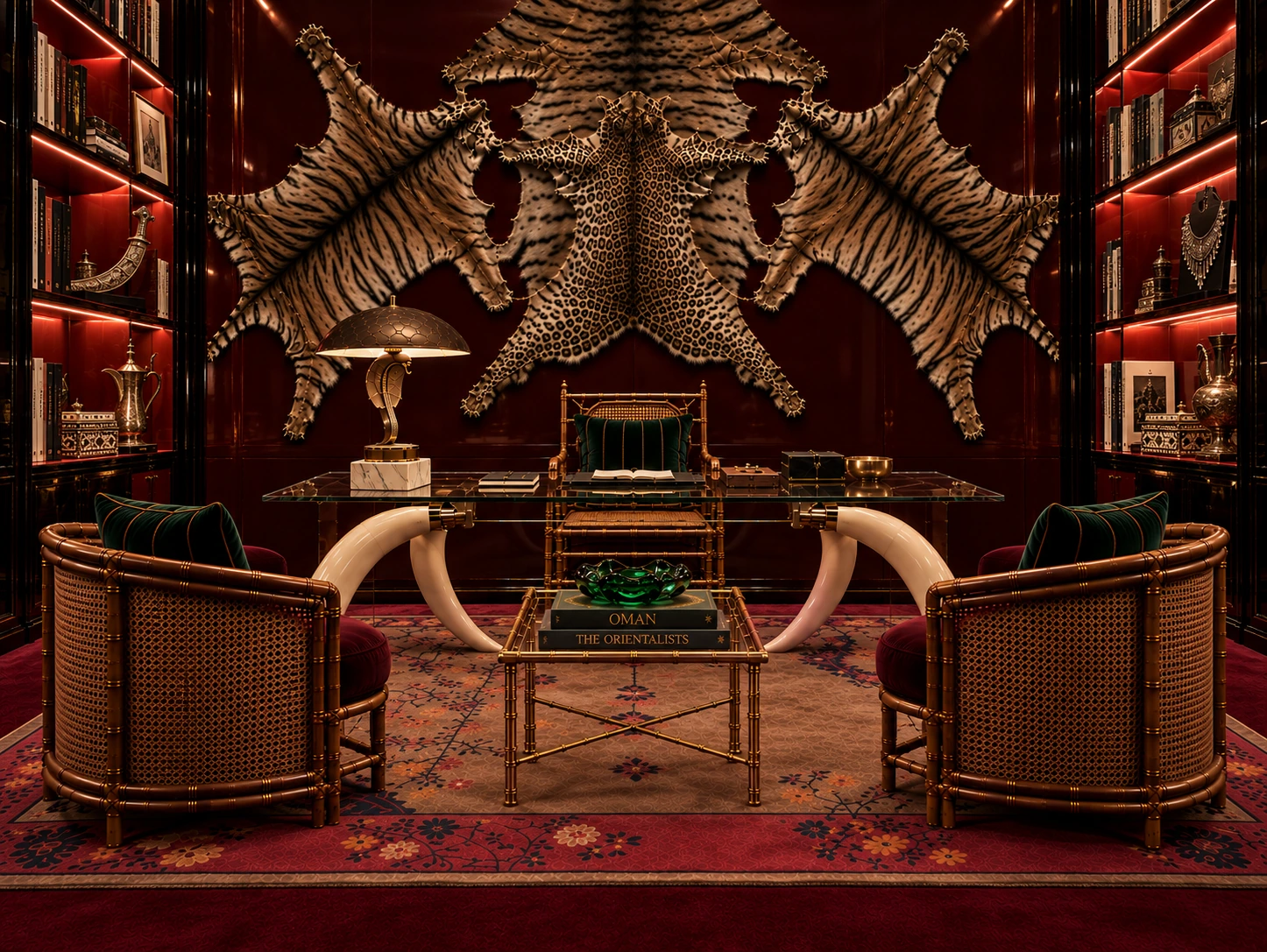 Burgundy lacquer private office with bookshelves, bamboo armchairs and curated objects — AMR STUDIO