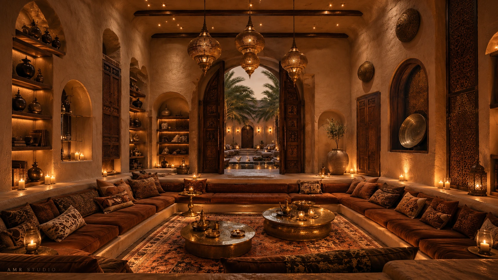 Candlelit majlis with sunken perimeter seating, carved doors and view into a palm courtyard — AMR STUDIO