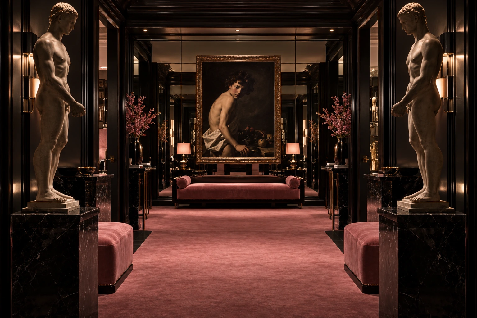 Private gallery with classical statues, a gilt-framed painting and rose velvet seating — AMR STUDIO