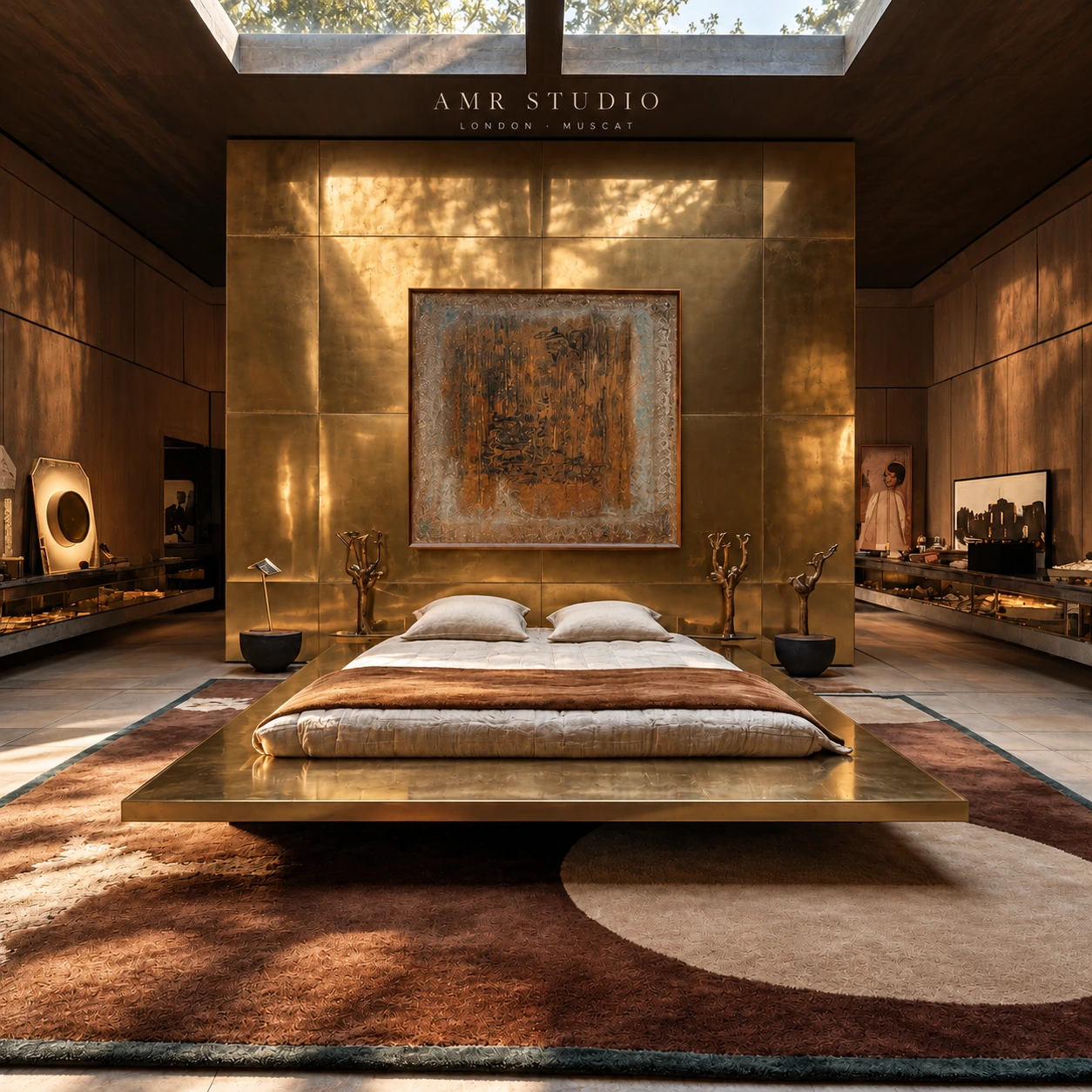 Modern private bedroom with brass-toned feature wall, skylight and low platform bed — AMR STUDIO