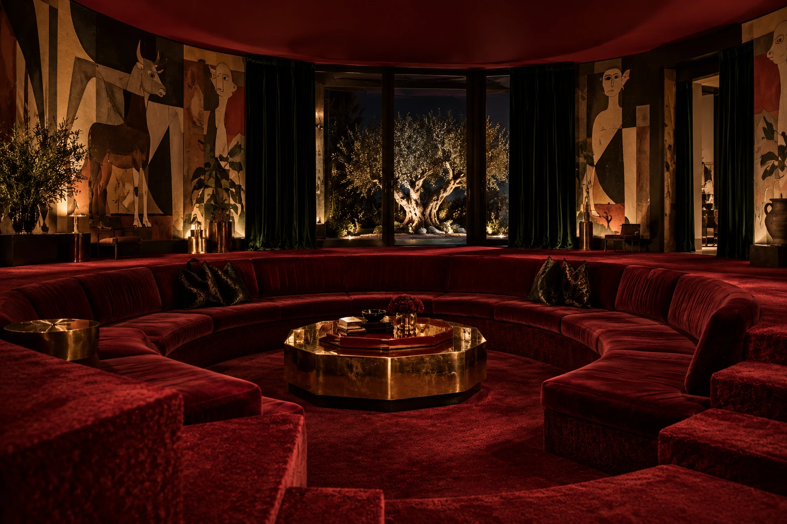 Circular burgundy velvet lounge with panoramic murals, a brass table and garden view — AMR STUDIO