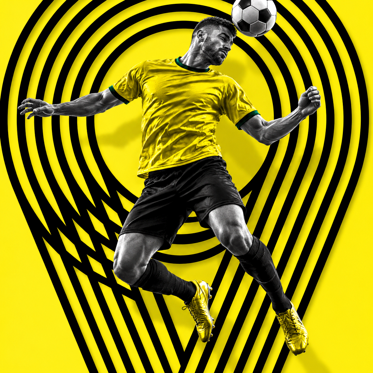 Football campaign action sequence with yellow shirts and black trophy lines