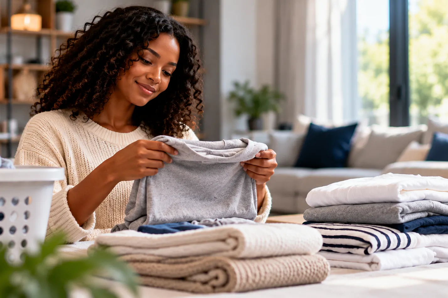 Neat stacks of freshly washed and folded clothes