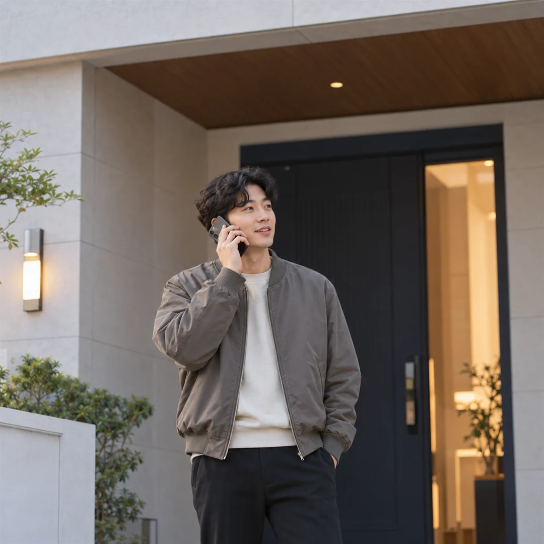 콘텐츠이용료현금화 현관 앞에서 전화로 질문하는 모습 24시 바로