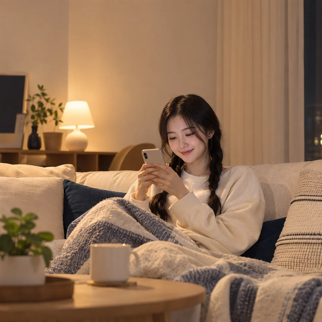 콘텐츠이용료현금화 밤에 소파에서 편하게 상담하는 모습 24시 바로