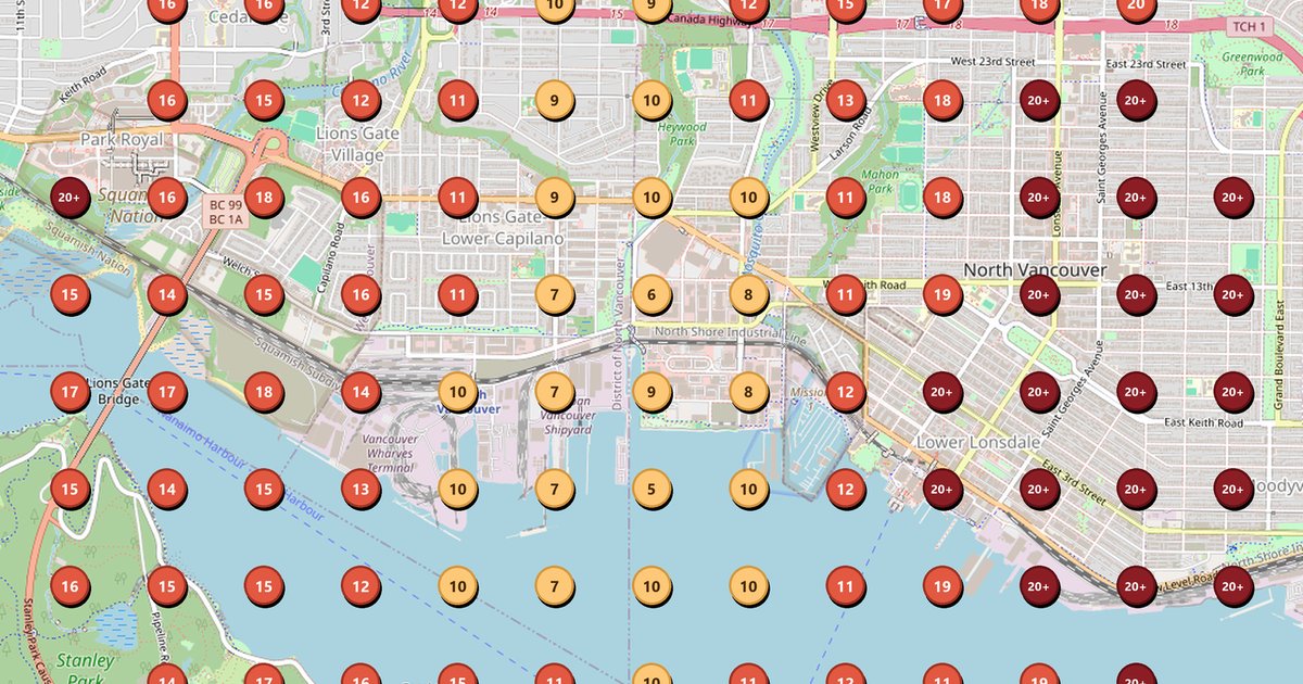 Google Maps grid scan of North Vancouver showing where Upward Construction ranks for "home builders near me" at each point