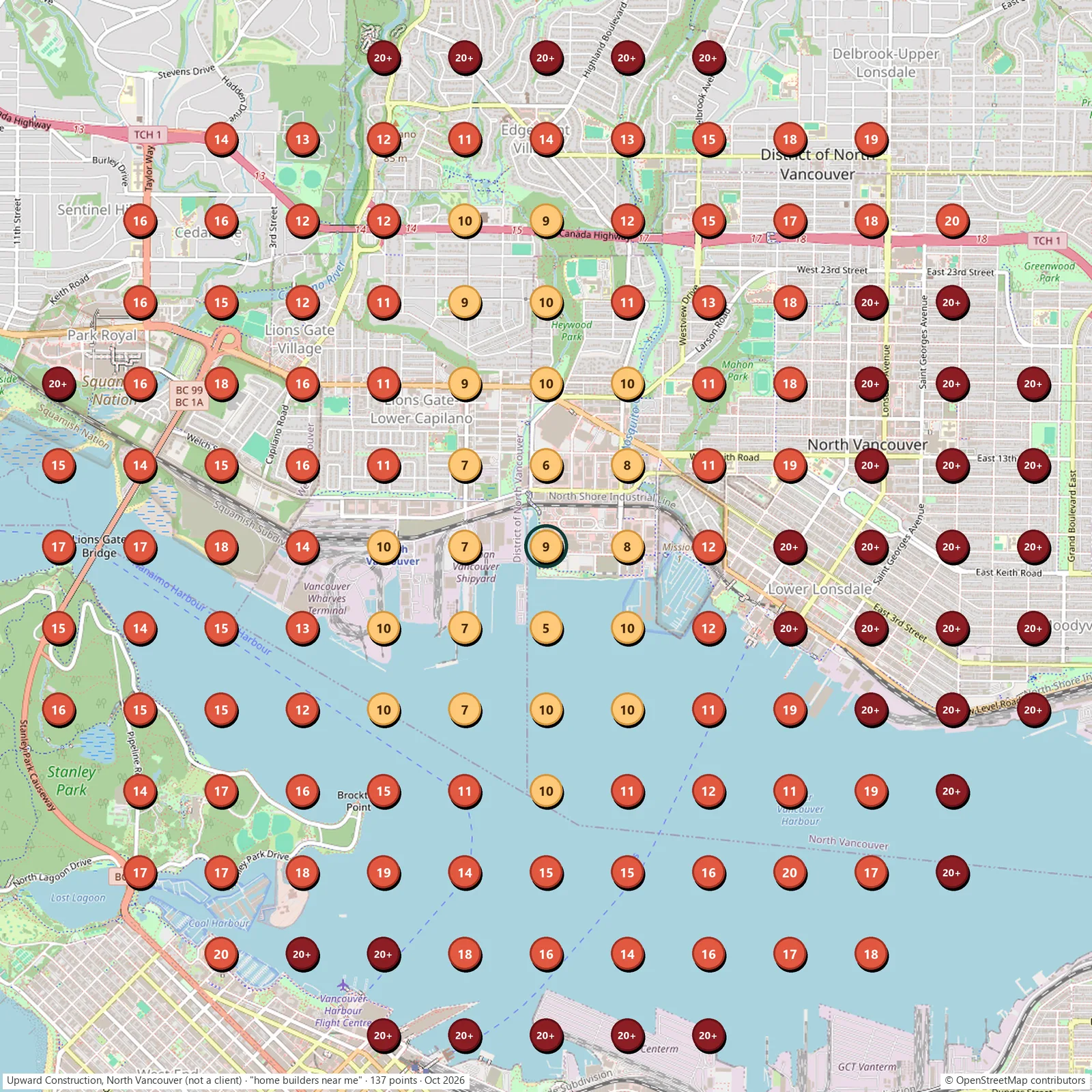 Google Maps grid scan for "home builders near me" around Upward Construction in North Vancouver: its best position is 5th, October 2026