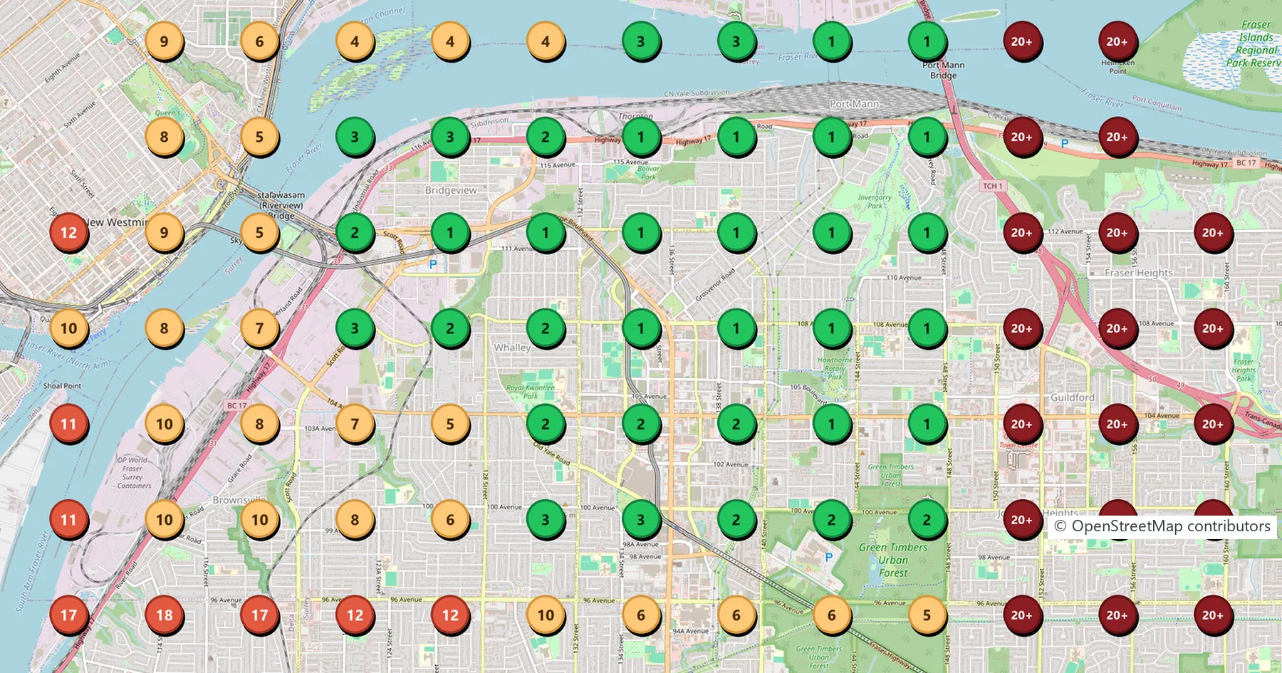 Google Maps grid for "custom home builders near me" across central Surrey, showing where the leading builder ranks at each point, October 2026