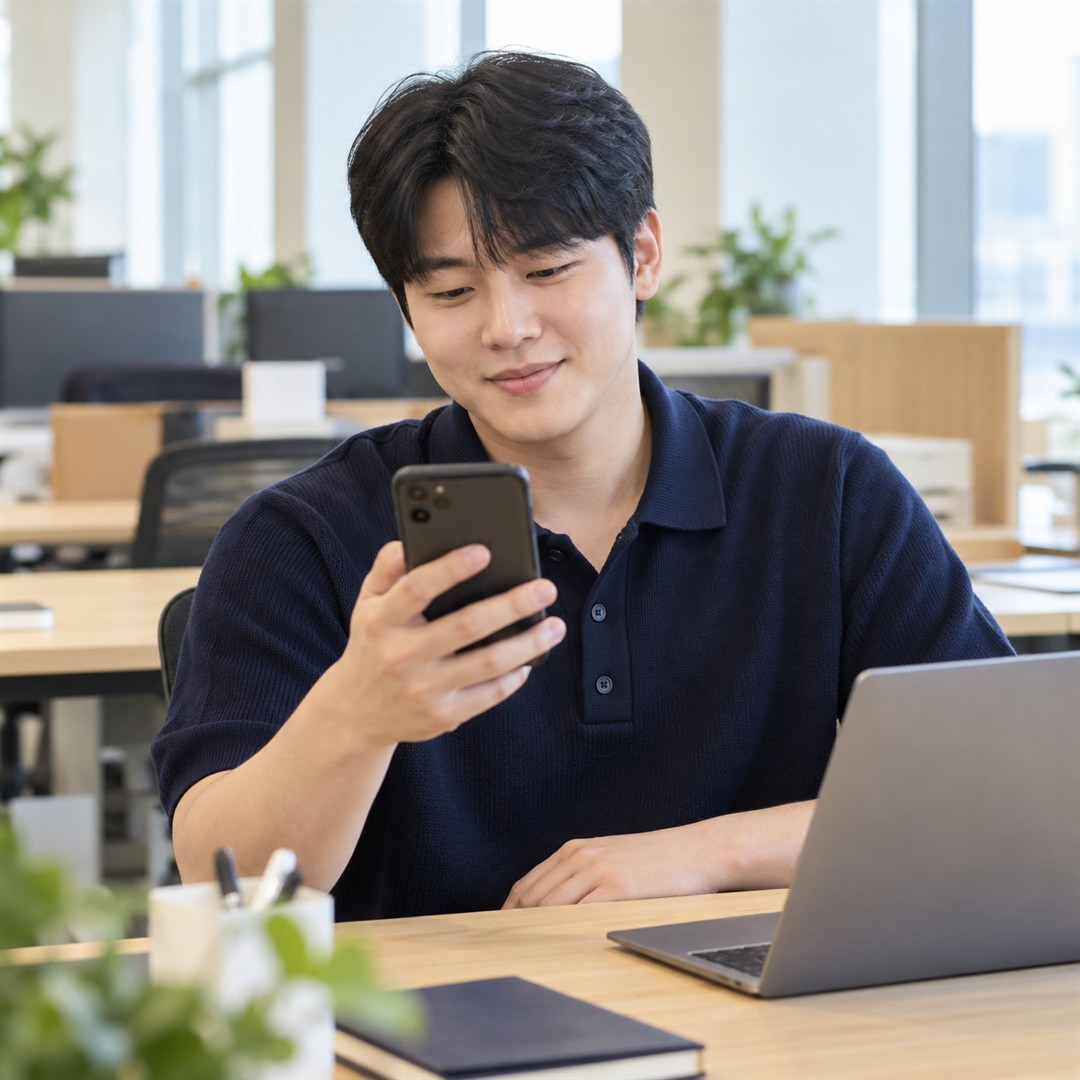 SKT 콘텐츠이용료현금화 사무실에서 휴대폰으로 한도를 확인하는 모습 24시 바로