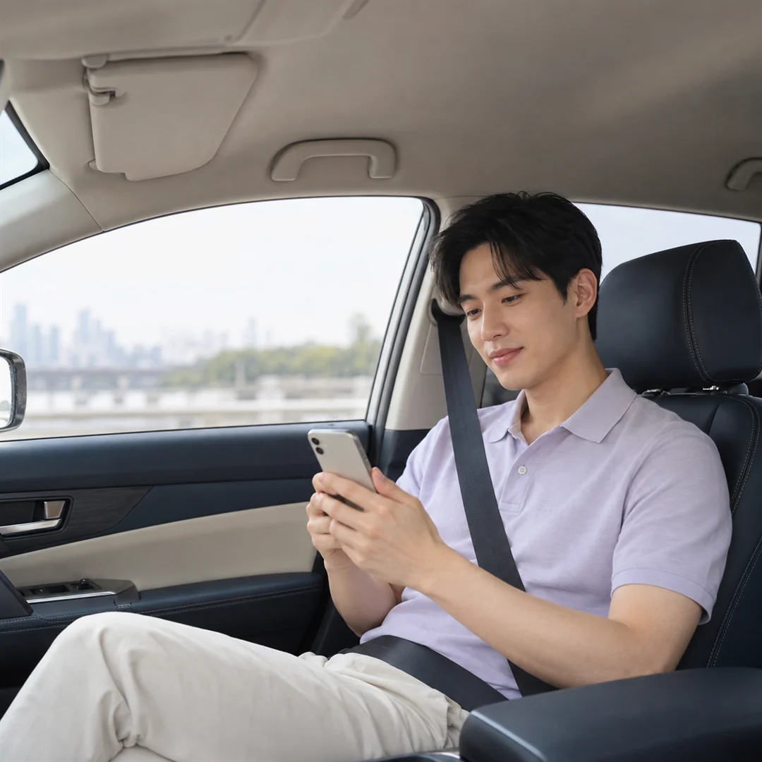 SK 콘텐츠이용료현금화 차 안에서 휴대폰으로 정산을 확인하는 모습 24시 바로