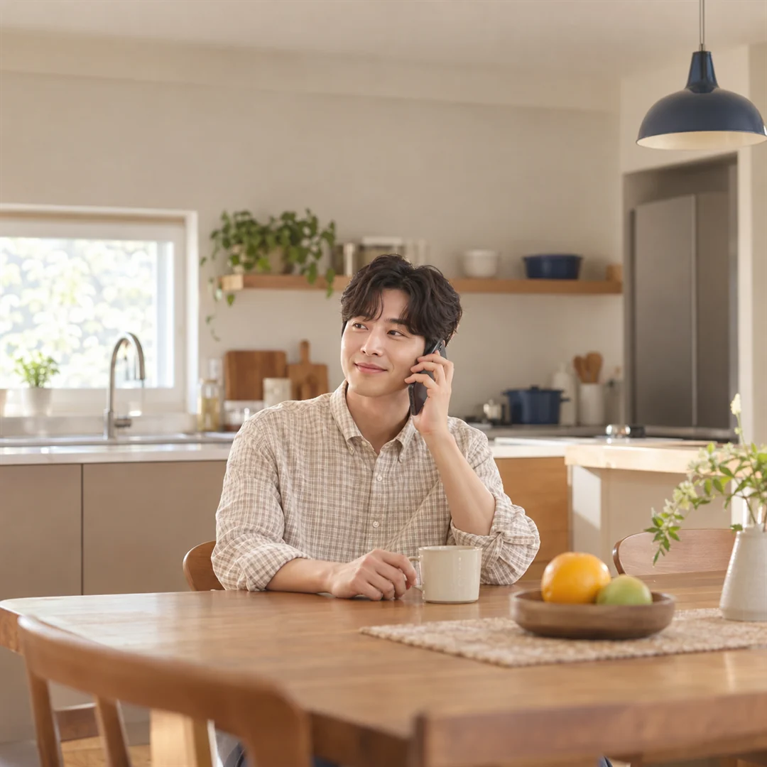 LG U+ 콘텐츠이용료현금화 식탁에서 전화로 상담하는 모습 24시 바로