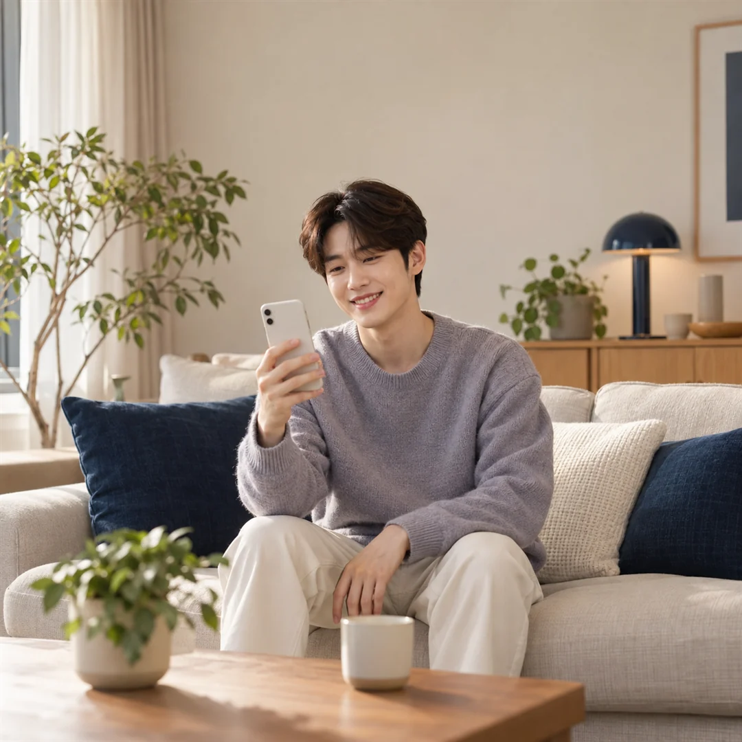 아이폰 콘텐츠이용료현금화 소파에서 아이폰을 들고 웃는 모습 24시 바로