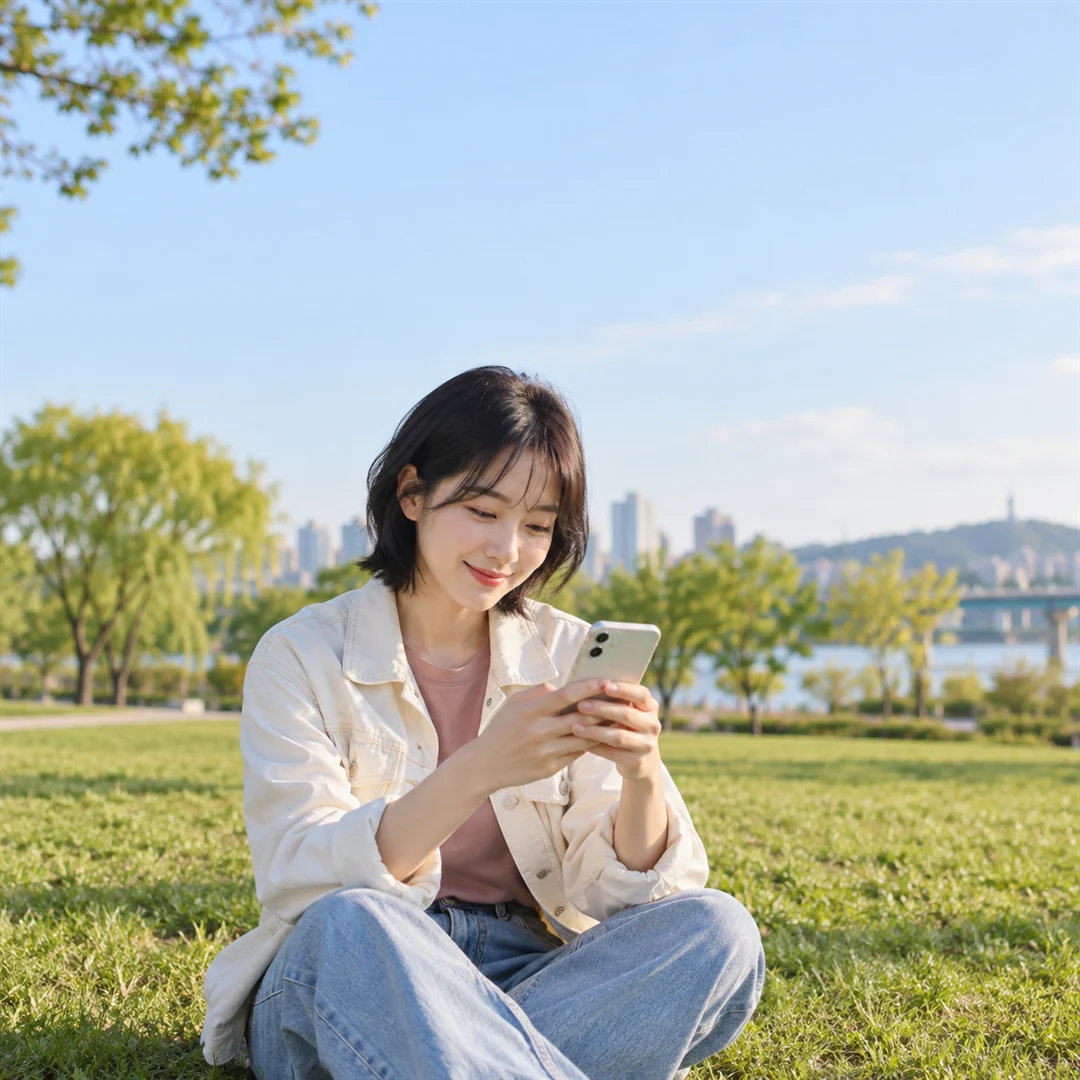 원스토어 콘텐츠이용료현금화 공원 잔디에서 휴대폰을 보는 모습 24시 바로