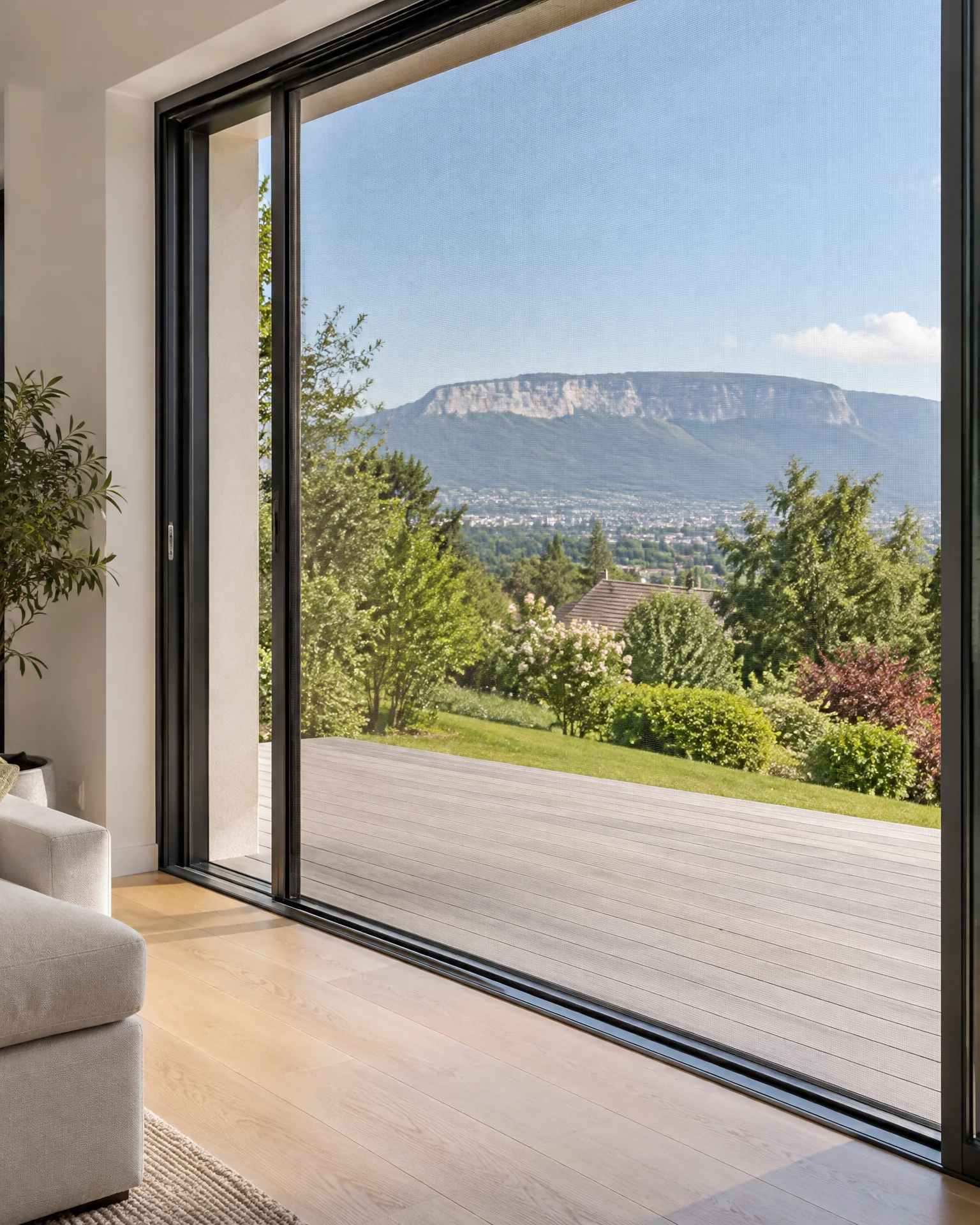 Séjour au parquet de chêne, grande baie vitrée coulissante grande ouverte sur une terrasse et un jardin en pente, le Salève au loin (photo d’illustration du bassin annemassien).