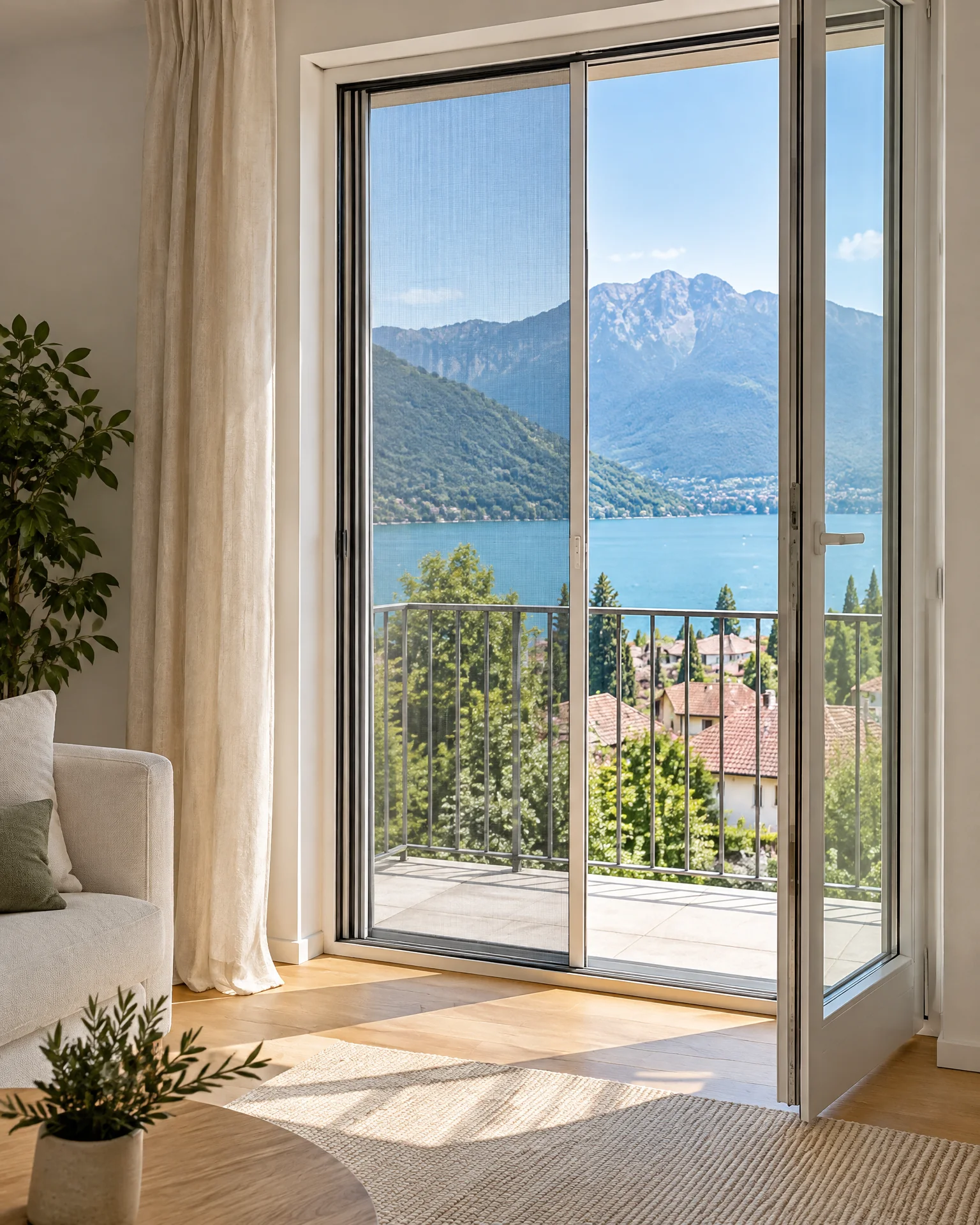 Séjour d’appartement, porte-fenêtre ouverte sur un balcon, moustiquaire latérale à toile fine, lac et montagnes au loin (photo d’illustration du pays d’Annecy).