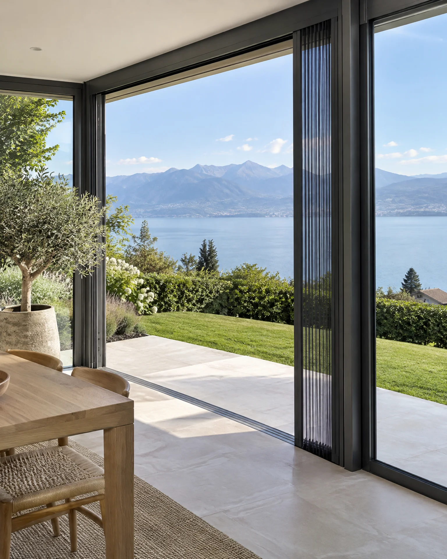Véranda aux profils anthracite ouverte sur le jardin et le Léman, moustiquaire plissée repliée contre le montant (photo d’illustration du Chablais).
