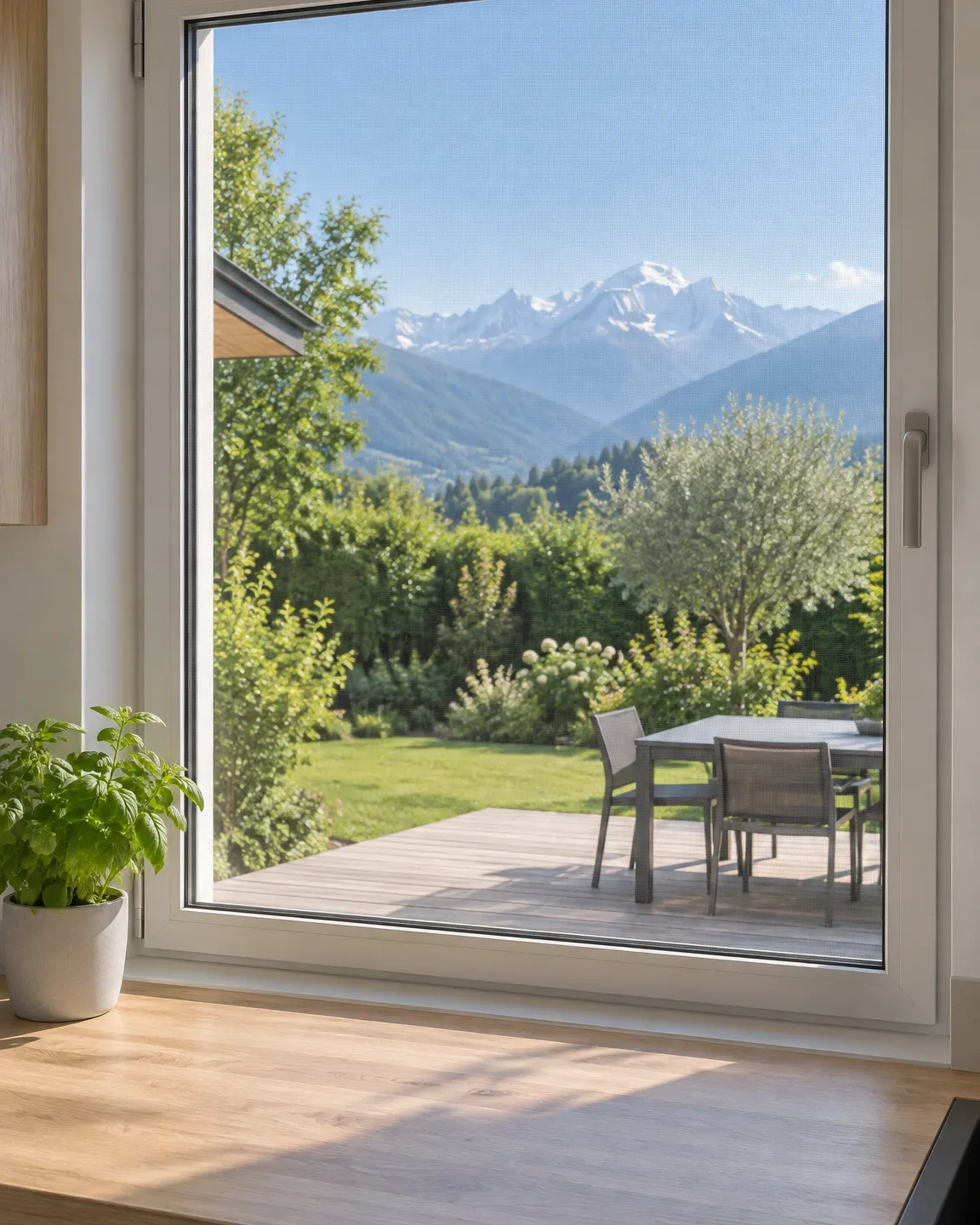 Grande fenêtre blanche ouverte sur une terrasse et un jardin, avec un cadre de moustiquaire fixe aux cotes du tableau, sommets enneigés au loin (photo d’illustration).