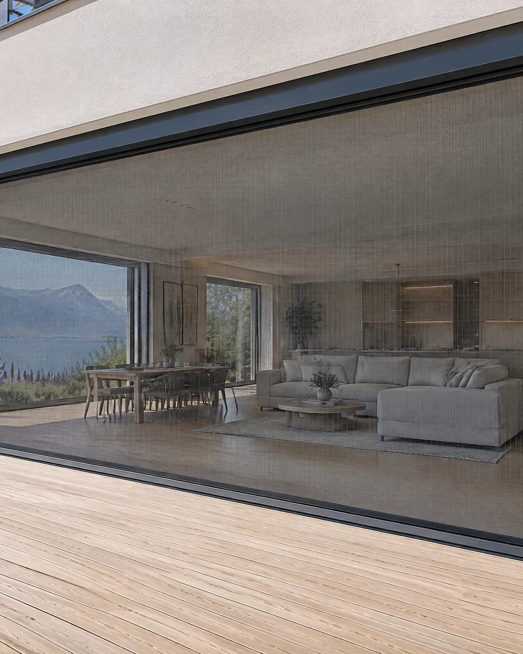 Villa aux grandes baies vitrées sur une terrasse en bois, toile de moustiquaire tirée sur toute la largeur, lac et montagnes en reflet (photo d’illustration).