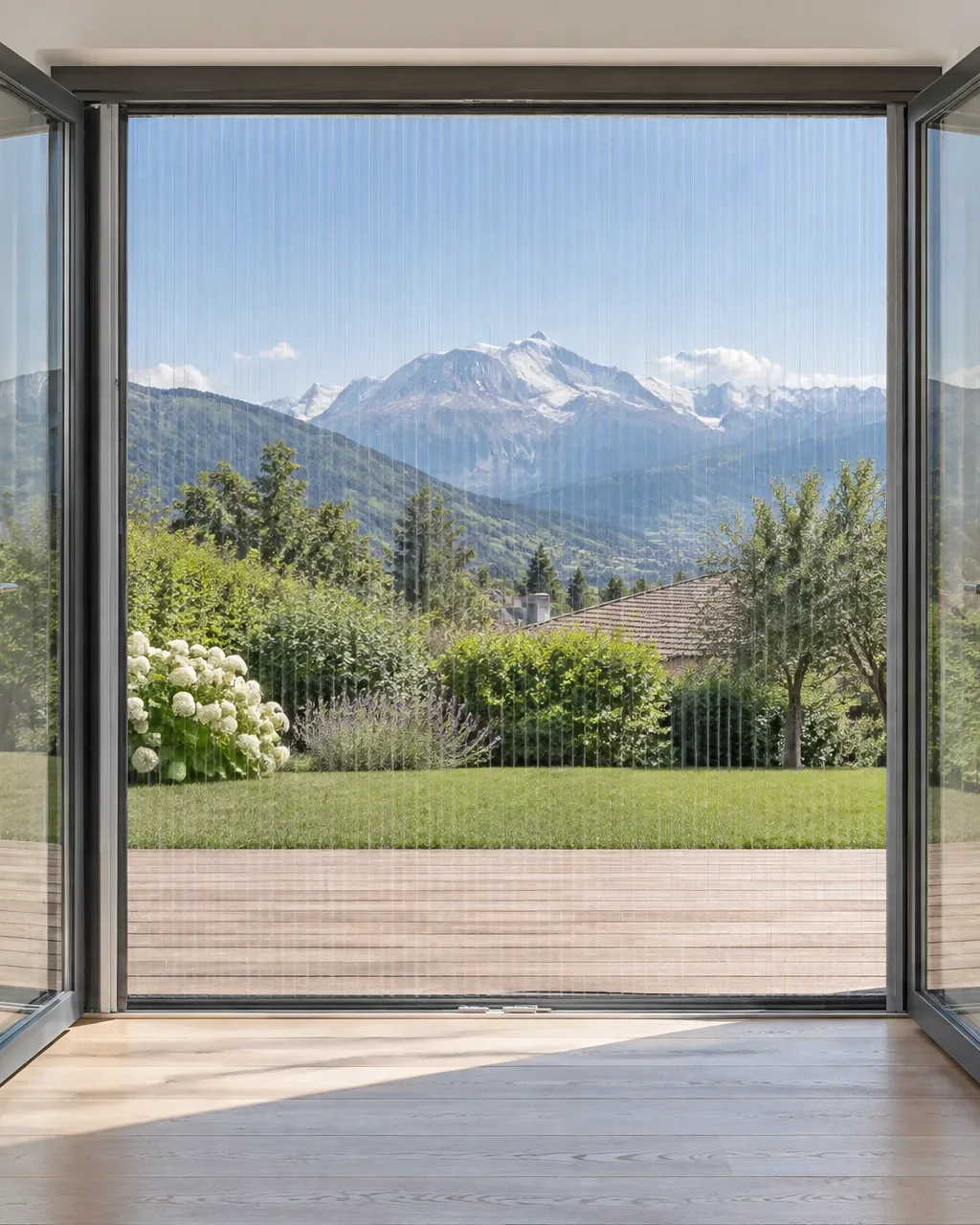 Porte-fenêtre à deux vantaux grande ouverte sur une terrasse en bois et un jardin, montagnes enneigées au loin (photo d’illustration).