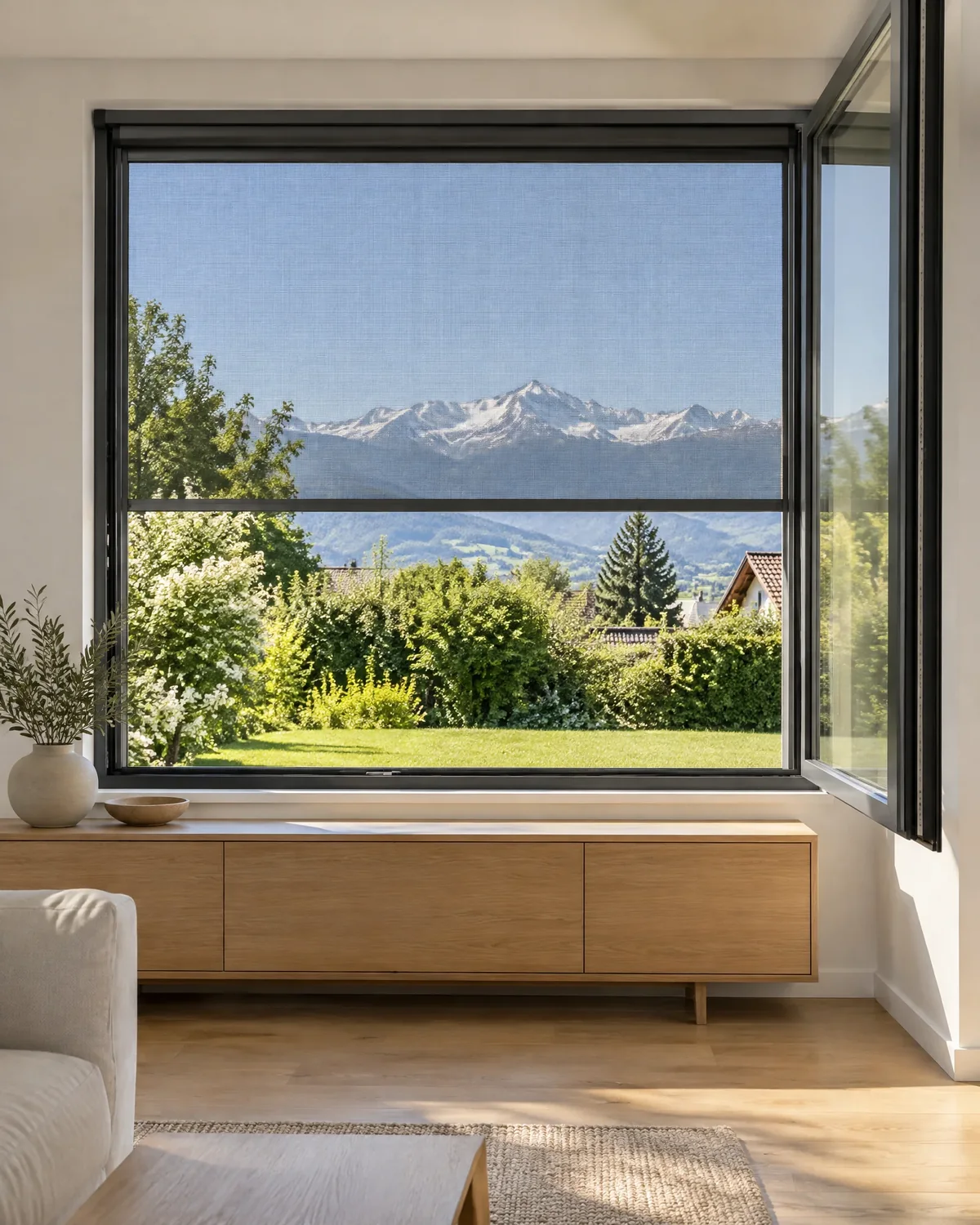 Grande fenêtre d’un séjour, moustiquaire à toile fine déroulée dans le haut du cadre, jardin et sommets enneigés au loin (photo d’illustration).
