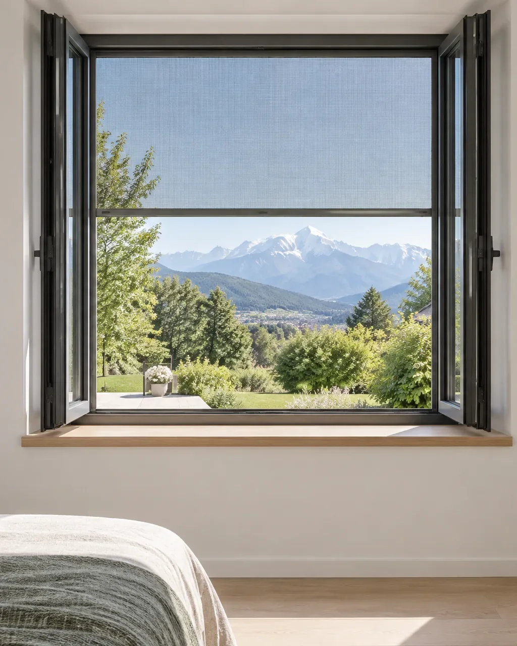 Chambre, fenêtre à deux vantaux ouverte, moustiquaire enroulable déroulée à mi-hauteur, jardin et montagnes au loin (photo d’illustration).