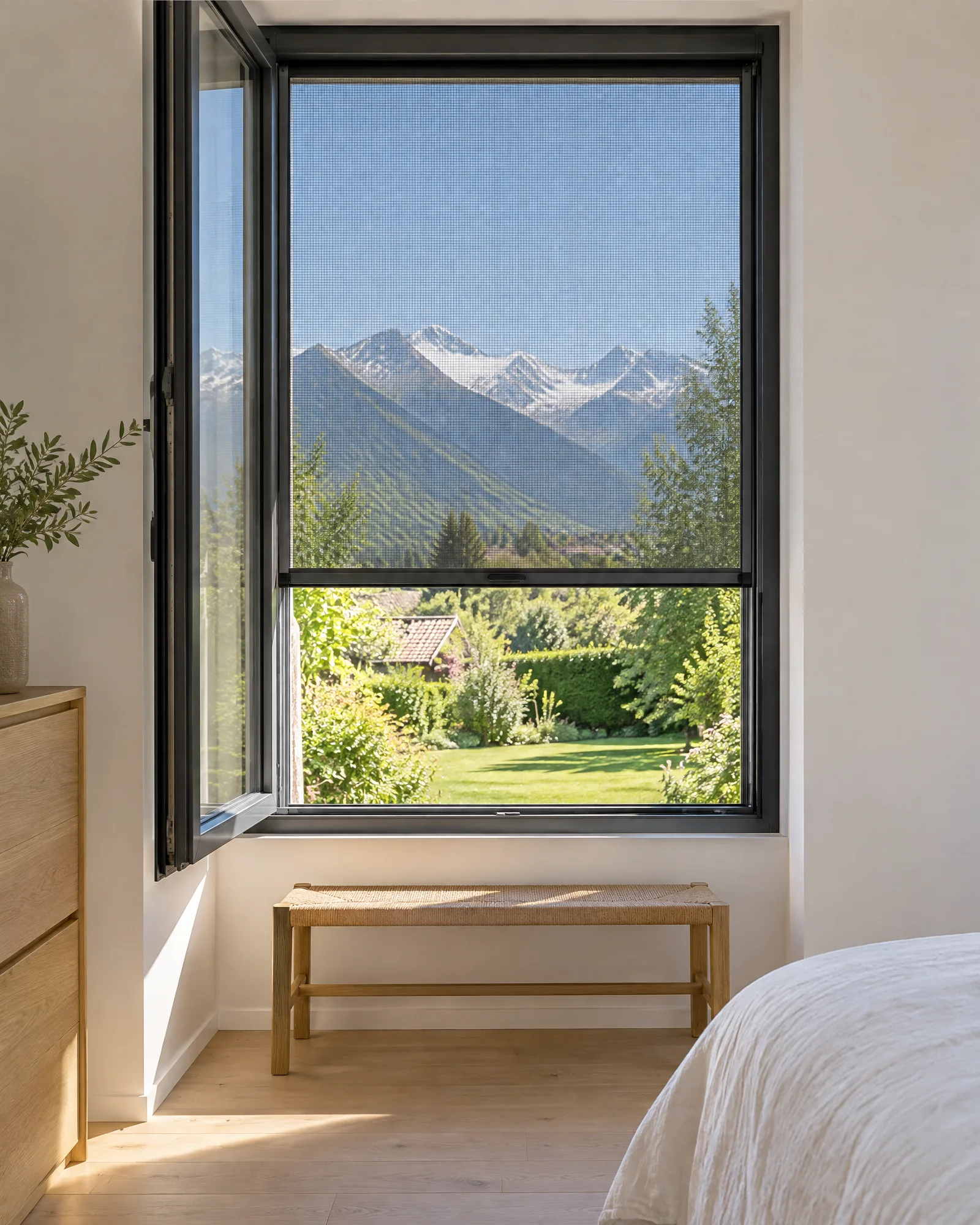 Fenêtre anthracite d’une chambre équipée d’une moustiquaire enroulable verticale : cassette fine en haut, toile descendue sur une partie de la hauteur, barre de tirage, jardin et Alpes derrière.