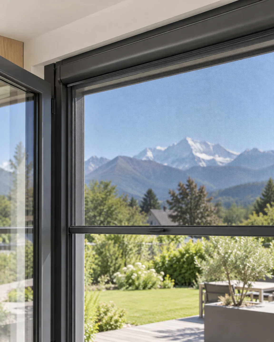 Vue rapprochée d’une moustiquaire enroulable verticale : cassette anthracite en haut de la fenêtre, coulisse latérale et barre de tirage, Alpes à travers la toile.