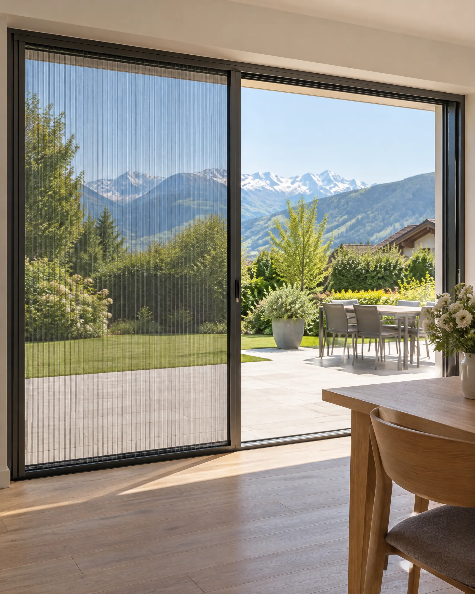 Grande baie d’un séjour équipée d’une moustiquaire plissée latérale à demi tirée : toile fine et translucide plissée en accordéon, profilé aluminium anthracite, jardin et Alpes derrière.