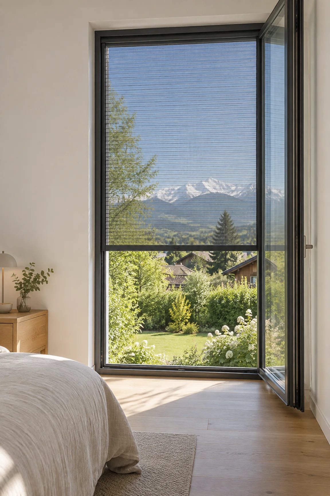 Grande fenêtre d’une chambre claire équipée d’une moustiquaire plissée verticale descendue aux deux tiers : toile fine en plis horizontaux, profil haut très mince, jardin et montagnes derrière.