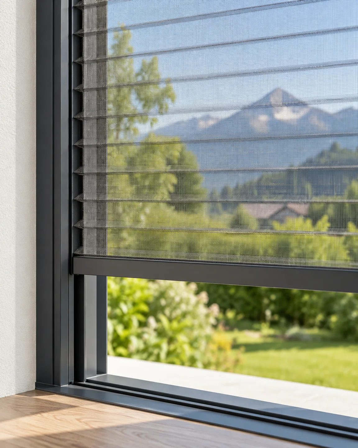 Vue rapprochée d’une moustiquaire plissée verticale : toile très fine pliée en plis horizontaux réguliers, profil de tirage anthracite et coulisse latérale, jardin et montagnes derrière.