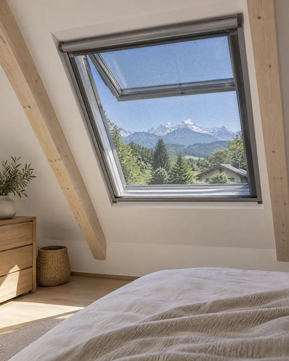 Chambre sous les toits aux poutres en bois clair, fenêtre de toit ouverte et équipée d’une moustiquaire enroulable dans son embrasure, ciel bleu et montagnes enneigées.