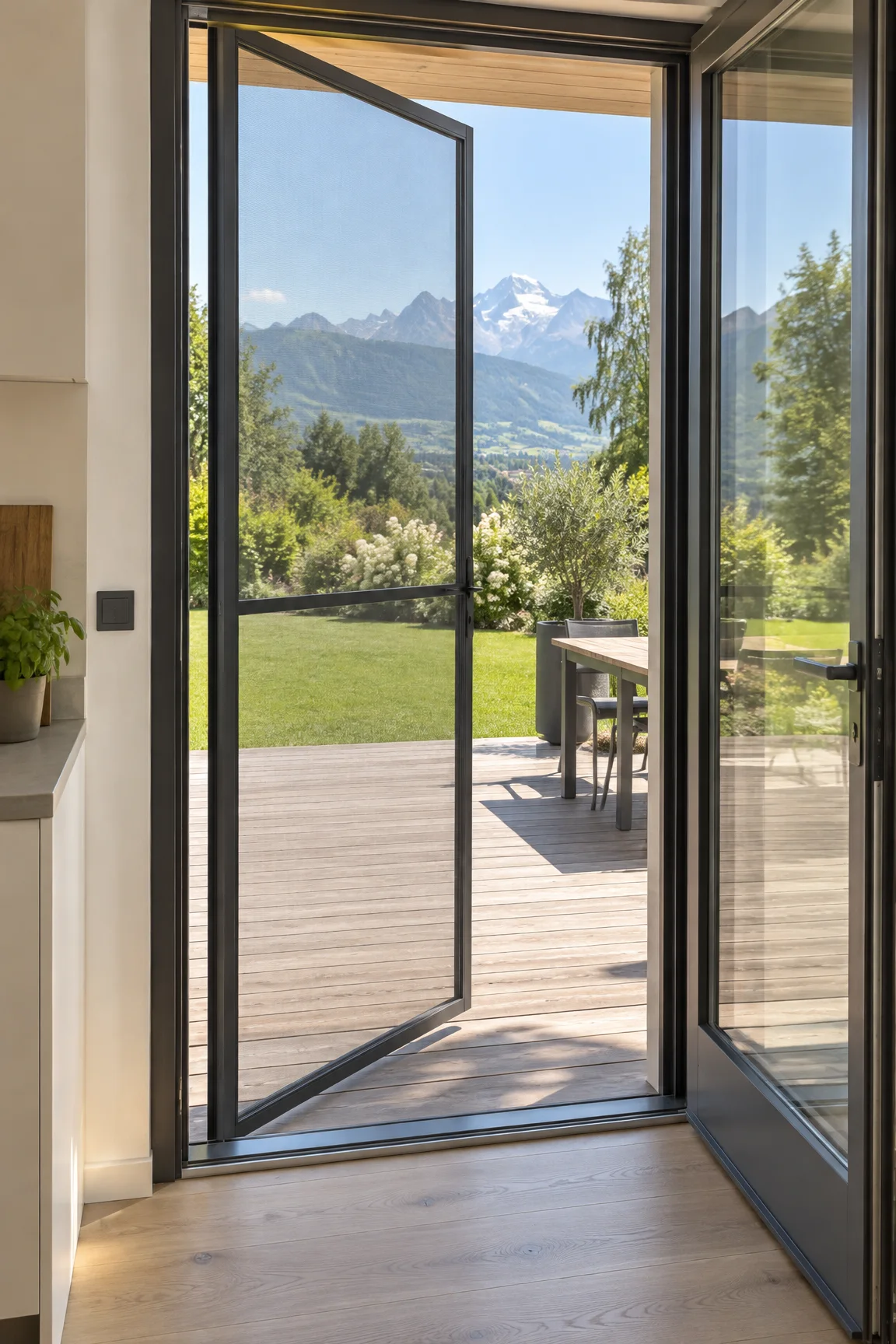 Porte de cuisine ouverte sur une terrasse, équipée d’une moustiquaire battante à cadre aluminium anthracite entrebâillée, jardin et montagnes derrière.