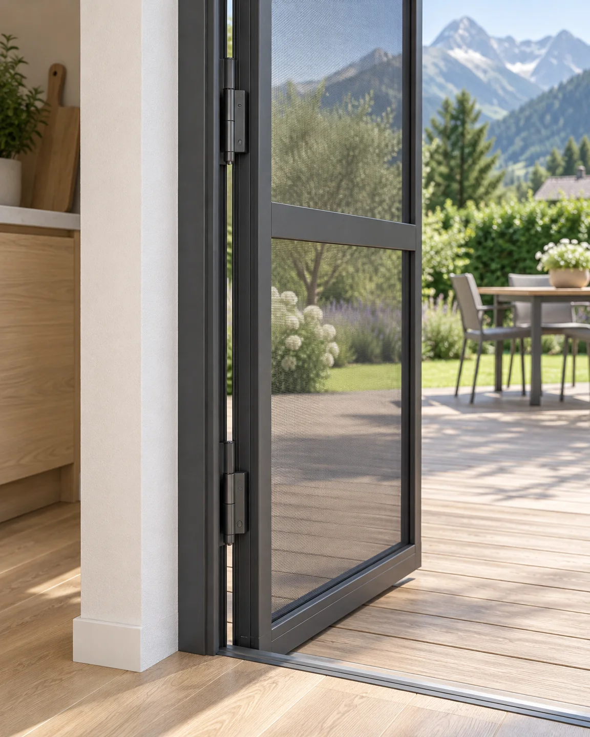 Vue rapprochée d’une moustiquaire de porte battante entrouverte : cadre aluminium anthracite, deux charnières sur le montant, traverse à mi-hauteur et toile fine, terrasse et jardin derrière.