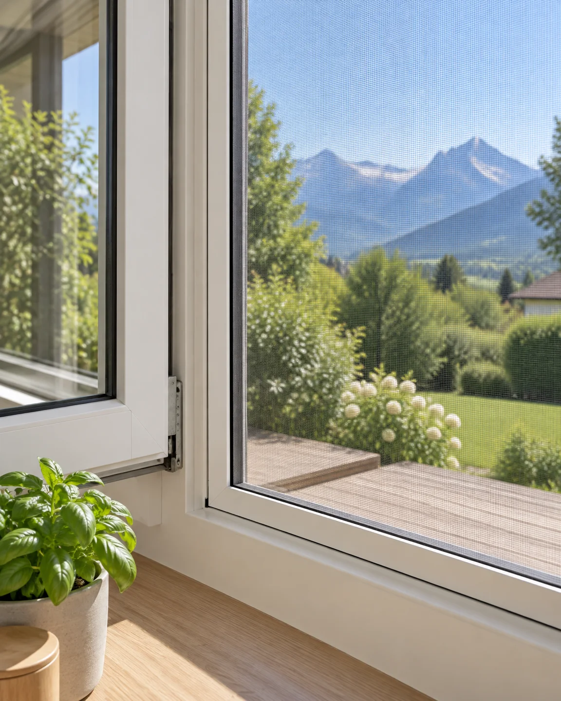 Vue rapprochée d’une fenêtre PVC blanche équipée d’une moustiquaire fixe : cadre aluminium blanc fin logé dans le dormant, toile tendue presque invisible, jardin et montagnes derrière.