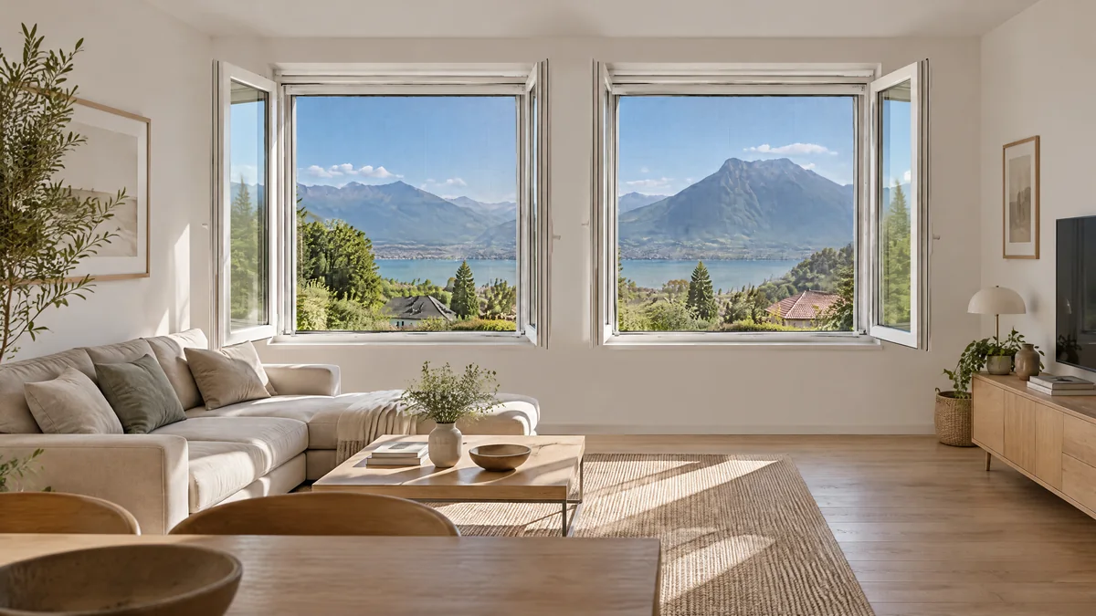 Séjour clair d'un appartement d'Annecy : deux fenêtres PVC blanches aux vantaux ouverts, chacune équipée d'une moustiquaire enroulable descendue dans le tableau, lac et montagnes derrière les toiles (photo d’illustration).
