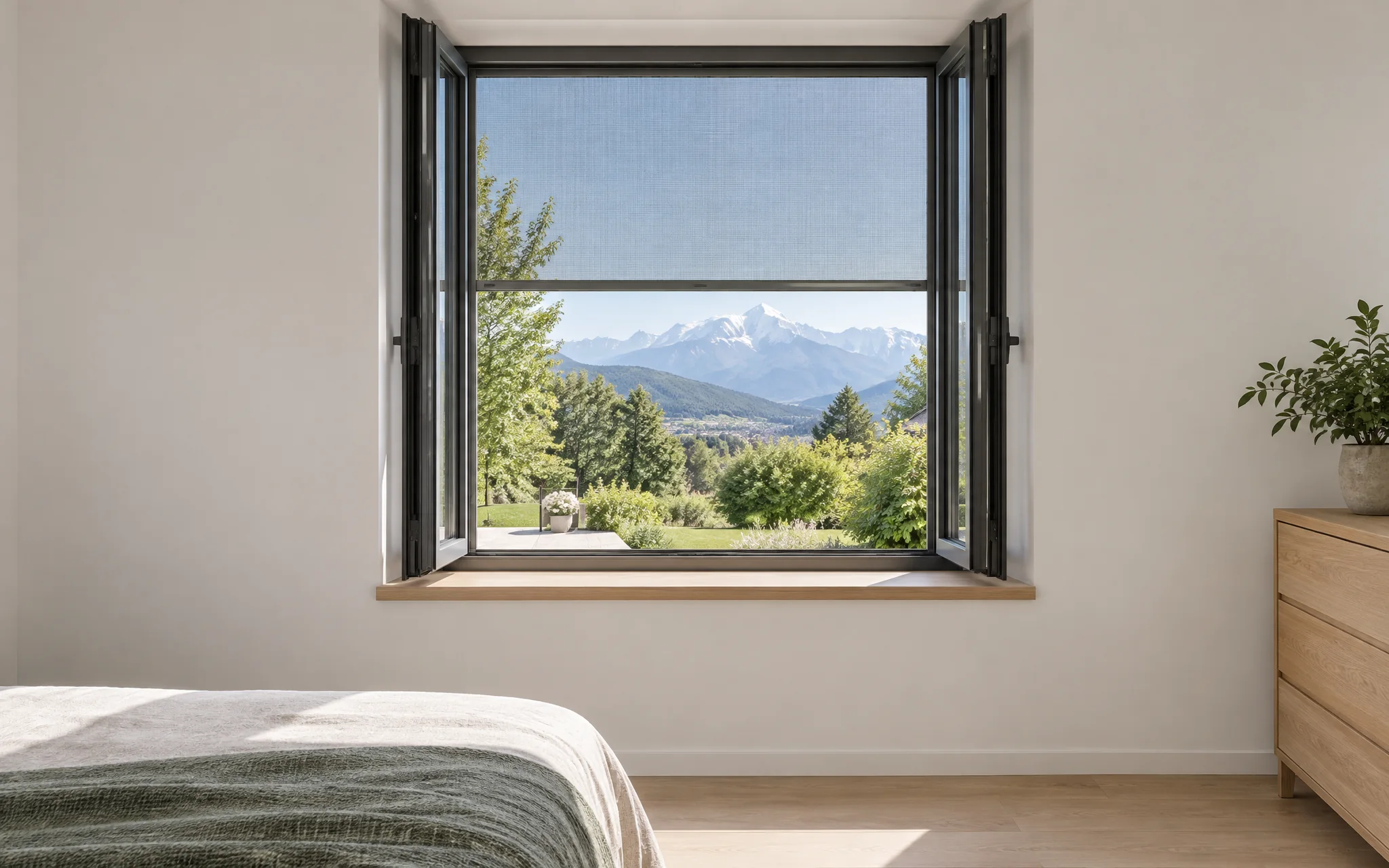 Fenêtre à deux vantaux ouverts dans une chambre claire, moustiquaire enroulable descendue dans le tableau, jardin et sommets enneigés derrière.