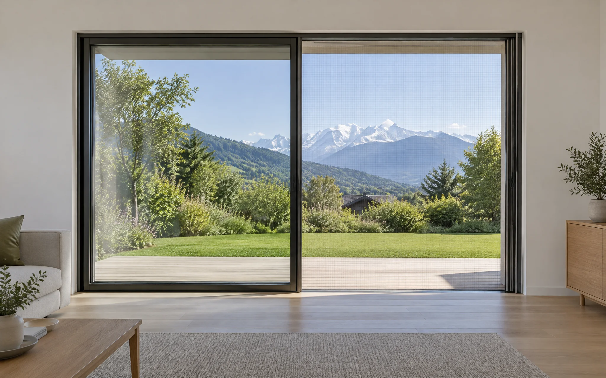 Grande baie vitrée coulissante ouverte sur une terrasse et le massif du Mont-Blanc, moustiquaire latérale à toile fine tirée sur la partie ouverte.