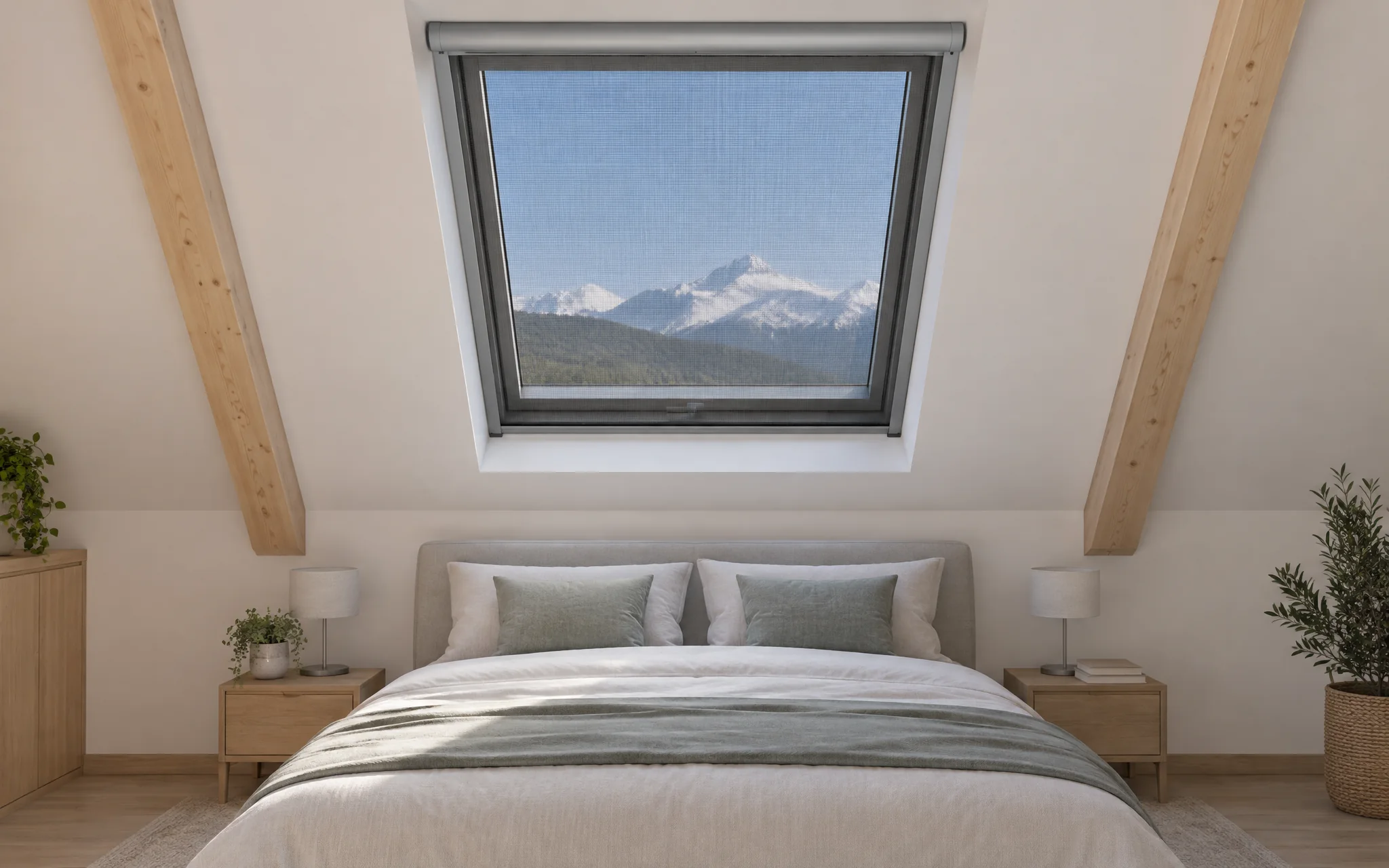 Chambre sous les combles aux poutres de bois clair, fenêtre de toit fermée par une moustiquaire enroulable à rails, sommets enneigés à travers la toile.
