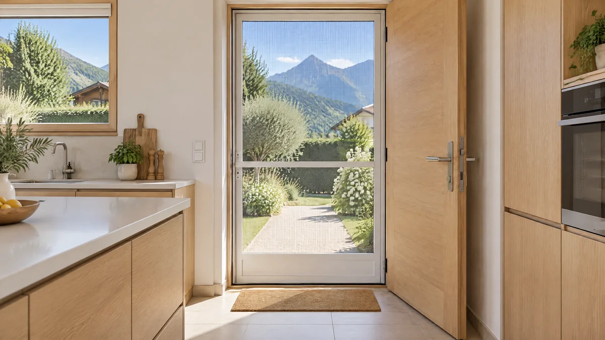 Cuisine claire en chêne, porte de service ouverte vers l'intérieur, moustiquaire battante à cadre blanc fermée dans l'embrasure, jardin et montagnes derrière la toile (photo d’illustration).