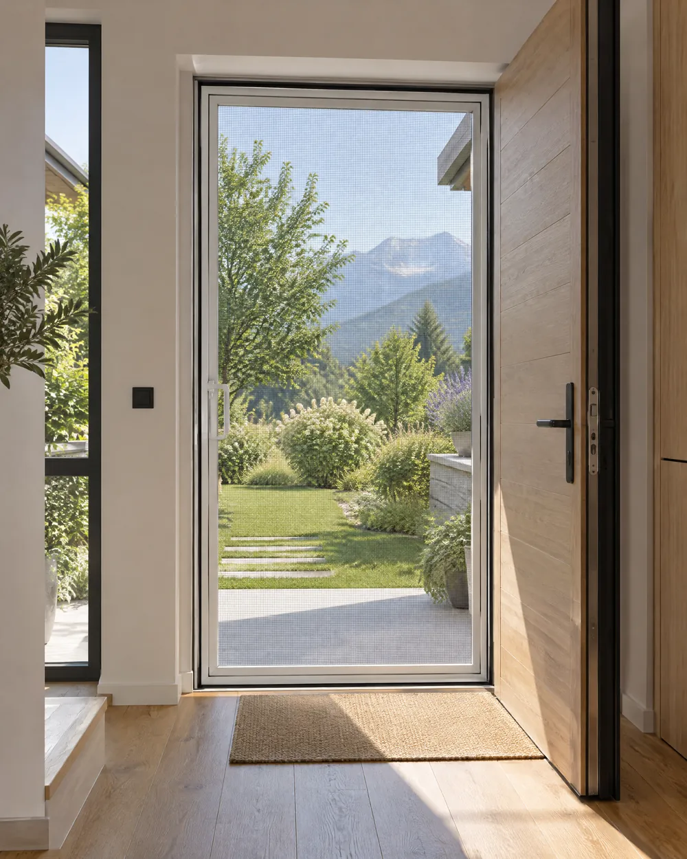 Entrée au parquet de chêne, porte en bois ouverte et moustiquaire battante à cadre blanc fermée dans l’embrasure, allée de jardin derrière.