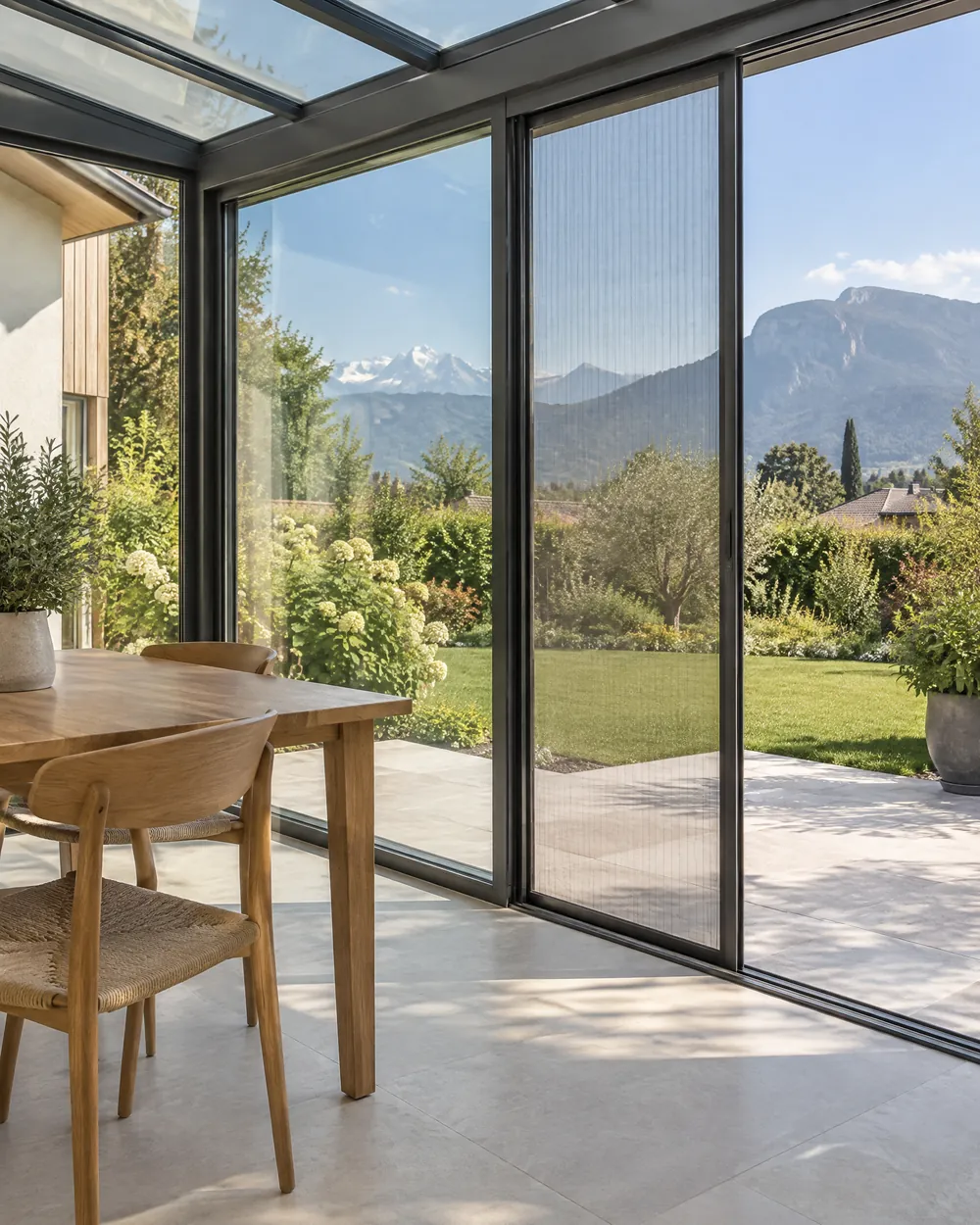 Véranda lumineuse en aluminium anthracite ouverte sur le jardin, une grande ouverture équipée d’une moustiquaire plissée à toile presque invisible, table en bois et montagnes au loin.