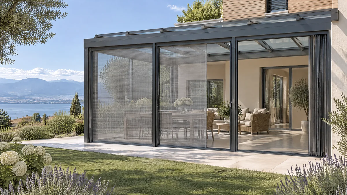 Véranda en aluminium anthracite vue du jardin : trois baies ouvertes, une moustiquaire plissée tirée, une tirée à moitié, une repliée contre son montant (photo d’illustration).